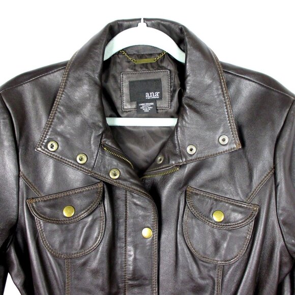 A.N.A. Brown Leather Belted Jacket Women's Size L Retro 70's Y2K Style $290 - Picture 4 of 9